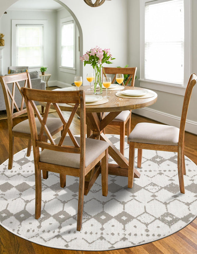 Ivory and Gray 7' x 7' Outdoor Trellis Round Area Rug Weather Resistant for Patio, Deck, Terrace, Balcony, Porch Geometric Design Water Safe Outside Carpet for Sale at Rug Engine