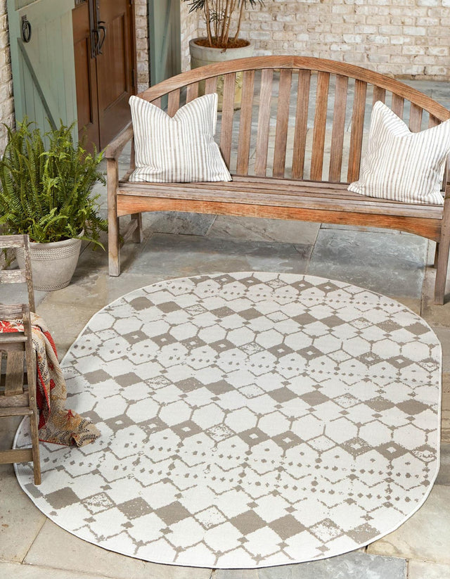 Ivory and Gray 5' 3 x 8' Outdoor Trellis Oval Area Rug Weather Resistant for Patio, Deck, Terrace, Balcony, Porch Geometric Design Water Safe Outside Carpet for Sale at Rug Engine
