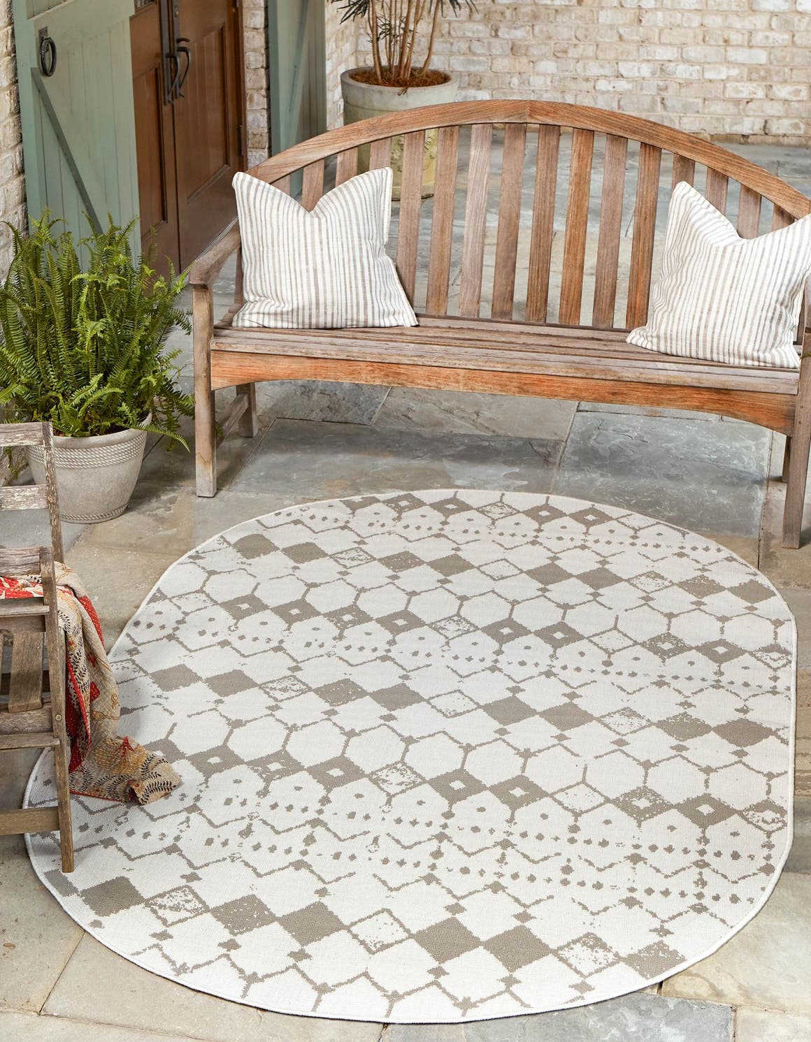 Ivory and Gray 7' 10 x 10' Outdoor Trellis Oval Area Rug Weather Resistant for Patio, Deck, Terrace, Balcony, Porch Geometric Design Water Safe Outside Carpet for Sale at Rug Engine