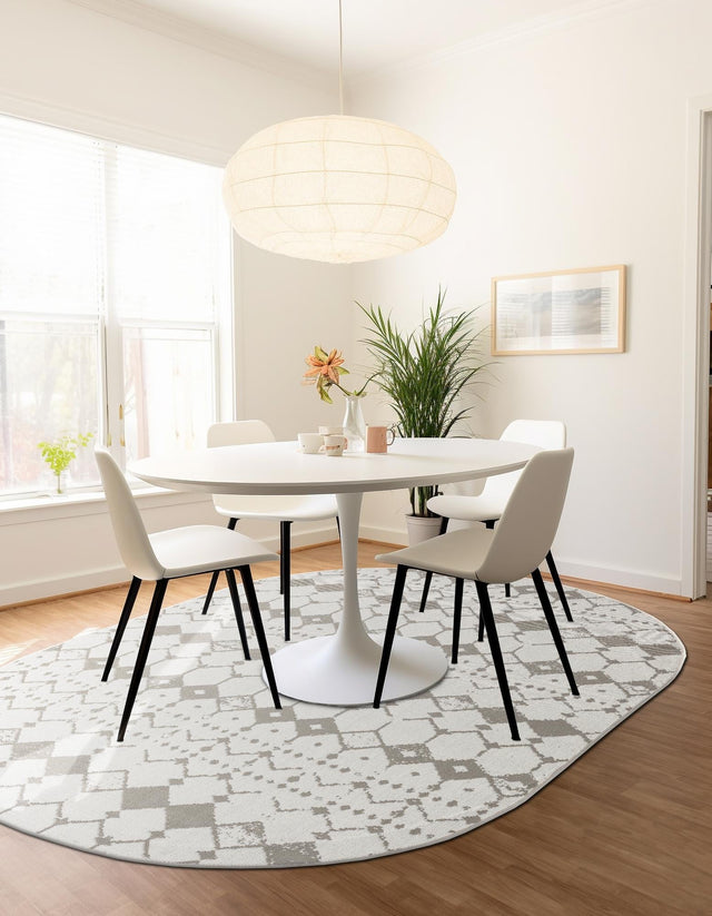 Ivory and Gray 7' 10 x 10' Outdoor Trellis Oval Area Rug Weather Resistant for Patio, Deck, Terrace, Balcony, Porch Geometric Design Water Safe Outside Carpet for Sale at Rug Engine