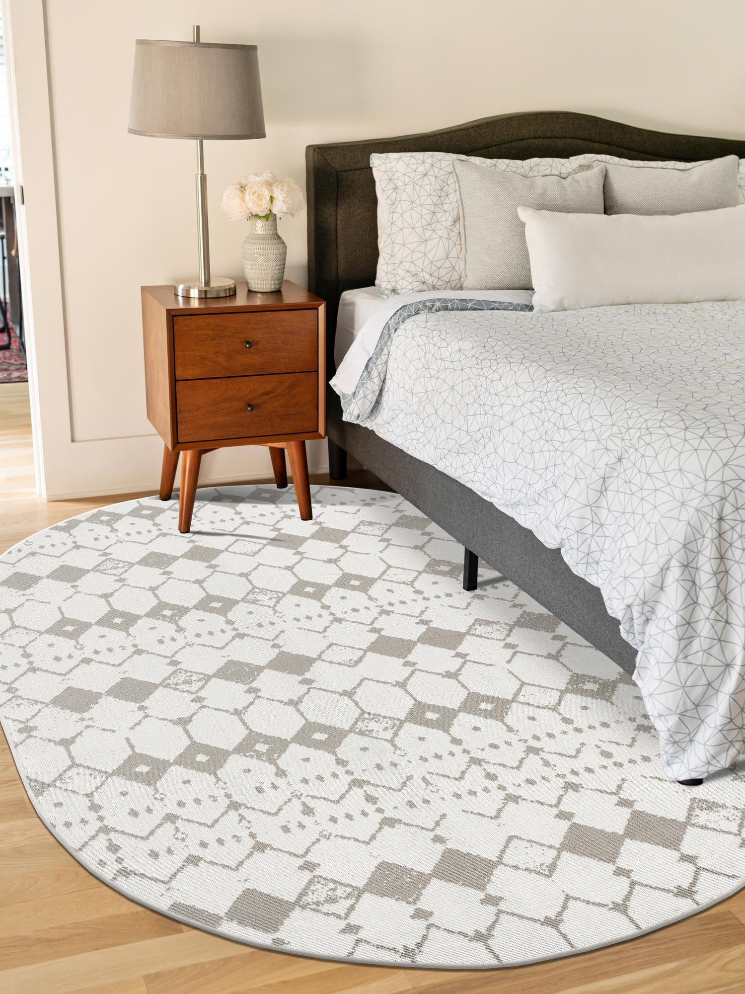 Ivory and Gray 5' 3 x 8' Outdoor Trellis Oval Area Rug Weather Resistant for Patio, Deck, Terrace, Balcony, Porch Geometric Design Water Safe Outside Carpet for Sale at Rug Engine