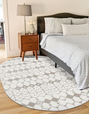 Ivory and Gray 5' 3 x 8' Outdoor Trellis Oval Area Rug Weather Resistant for Patio, Deck, Terrace, Balcony, Porch Geometric Design Water Safe Outside Carpet for Sale at Rug Engine