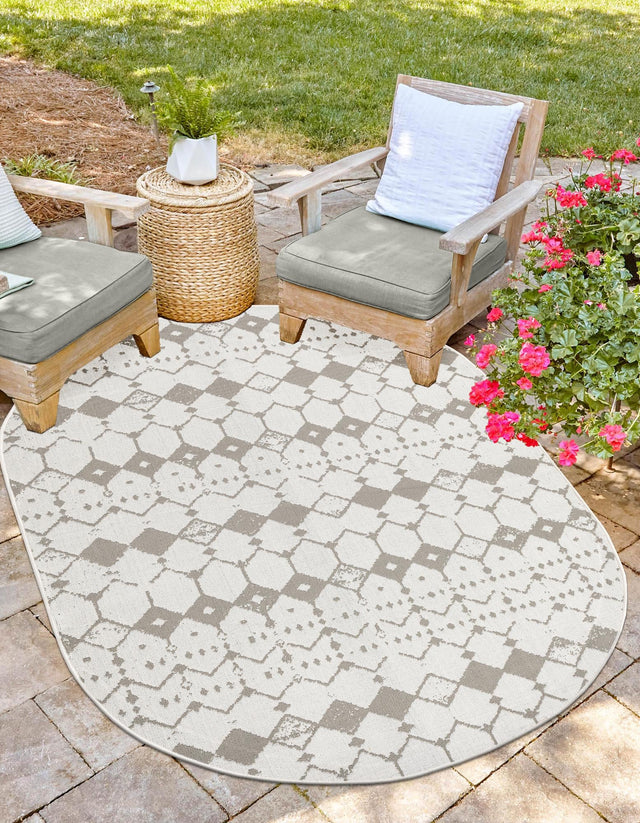 Ivory and Gray 7' 10 x 10' Outdoor Trellis Oval Area Rug Weather Resistant for Patio, Deck, Terrace, Balcony, Porch Geometric Design Water Safe Outside Carpet for Sale at Rug Engine