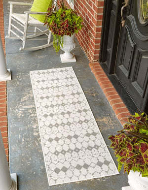 Ivory and Gray 2' x 8' Outdoor Trellis Runner Area Rug Weather Resistant for Patio, Deck, Terrace, Balcony, Porch Geometric Design Water Safe Outside Carpet for Sale at Rug Engine