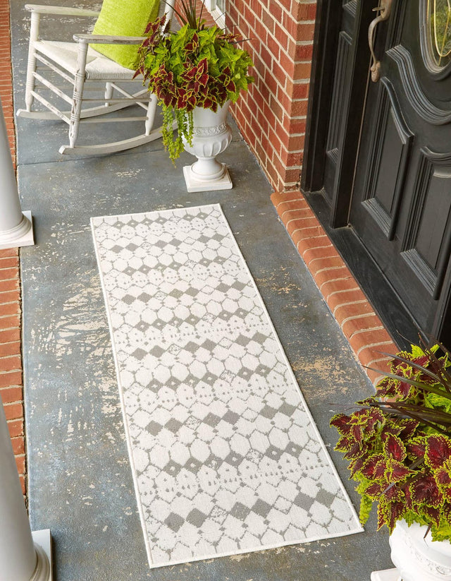 Ivory and Gray 2' x 8' Outdoor Trellis Runner Area Rug Weather Resistant for Patio, Deck, Terrace, Balcony, Porch Geometric Design Water Safe Outside Carpet for Sale at Rug Engine
