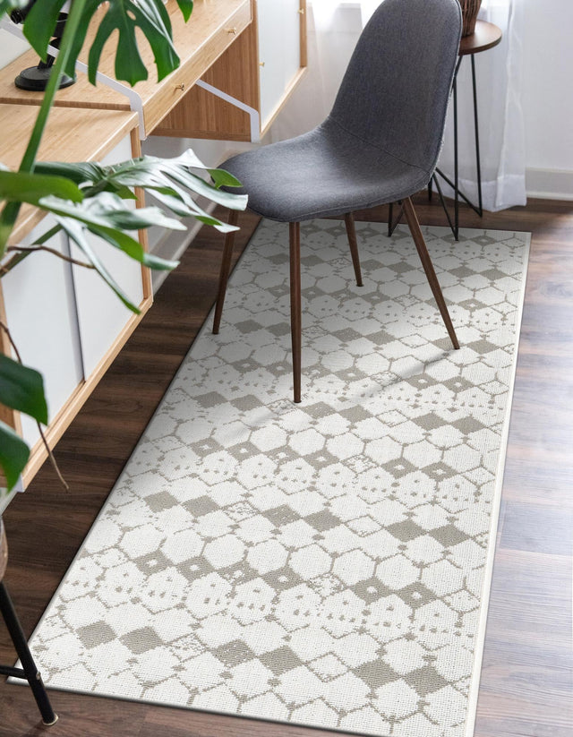 Ivory and Gray 2' x 6' Outdoor Trellis Runner Area Rug Weather Resistant for Patio, Deck, Terrace, Balcony, Porch Geometric Design Water Safe Outside Carpet for Sale at Rug Engine