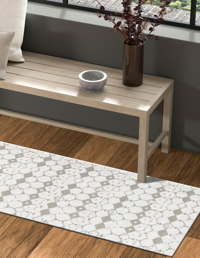 Ivory and Gray 2' x 8' Outdoor Trellis Runner Area Rug Weather Resistant for Patio, Deck, Terrace, Balcony, Porch Geometric Design Water Safe Outside Carpet for Sale at Rug Engine