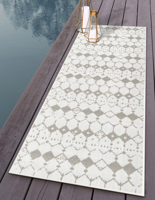 Ivory and Gray 2' x 6' Outdoor Trellis Runner Area Rug Weather Resistant for Patio, Deck, Terrace, Balcony, Porch Geometric Design Water Safe Outside Carpet for Sale at Rug Engine
