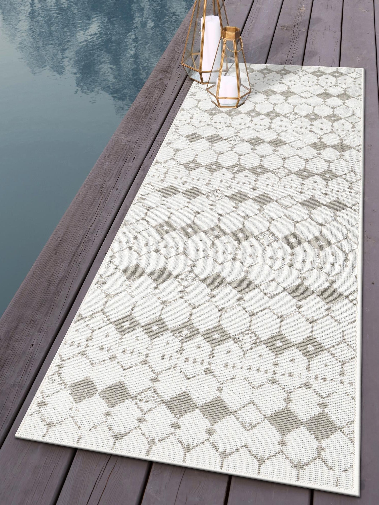 Ivory and Gray 2' x 8' Outdoor Trellis Runner Area Rug Weather Resistant for Patio, Deck, Terrace, Balcony, Porch Geometric Design Water Safe Outside Carpet for Sale at Rug Engine