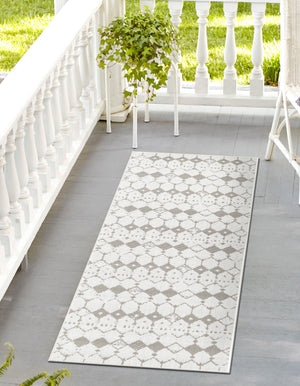 Ivory and Gray 2' x 8' Outdoor Trellis Runner Area Rug Weather Resistant for Patio, Deck, Terrace, Balcony, Porch Geometric Design Water Safe Outside Carpet for Sale at Rug Engine