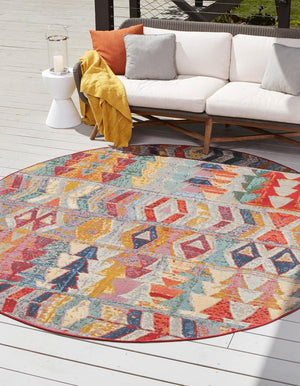Multicolor 7' 10 x 7' 10 Outdoor Modern Round Area Rug Weather Resistant for Patio, Deck, Terrace, Balcony, Porch 100% Polypropylene Modern Outside Carpet for Sale at Rug Engine