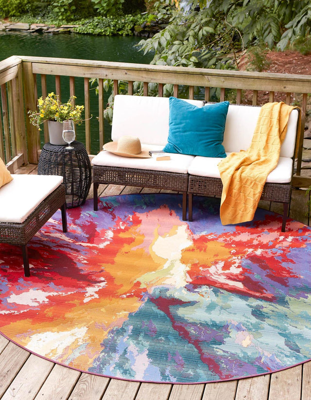 Multicolor 10' x 10' Outdoor Modern Round Area Rug Weather Resistant for Patio, Deck, Terrace, Balcony, Porch 100% Polypropylene Modern Outside Carpet for Sale at Rug Engine