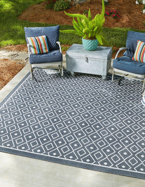 Navy Blue 7' 10 x 7' 10 Outdoor Trellis Square Area Rug Weather Resistant for Patio, Deck, Terrace, Balcony, Porch Geometric Design Water Safe Outside Carpet for Sale at Rug Engine