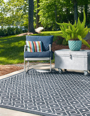 Navy Blue 7' 10 x 7' 10 Outdoor Trellis Square Area Rug Weather Resistant for Patio, Deck, Terrace, Balcony, Porch Geometric Design Water Safe Outside Carpet for Sale at Rug Engine