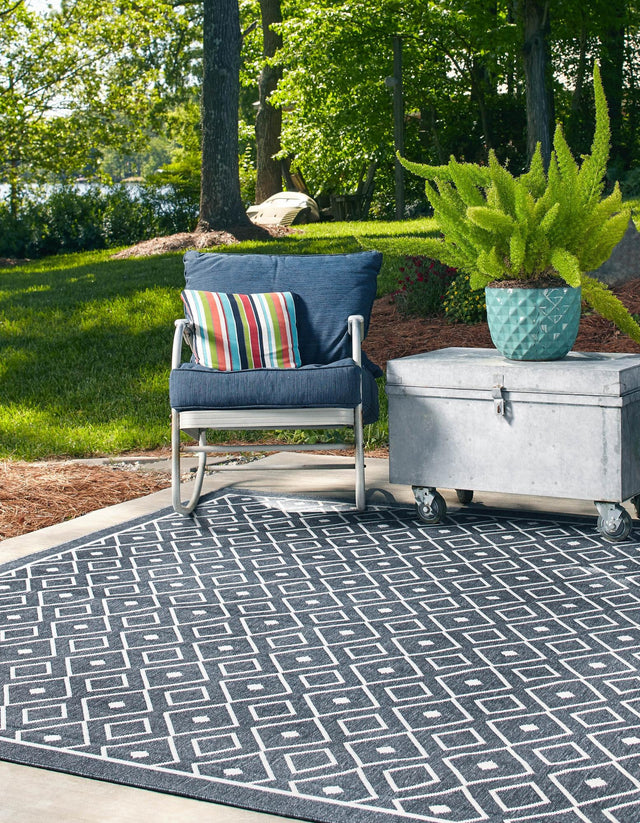 Navy Blue 7' 10 x 7' 10 Outdoor Trellis Square Area Rug Weather Resistant for Patio, Deck, Terrace, Balcony, Porch Geometric Design Water Safe Outside Carpet for Sale at Rug Engine