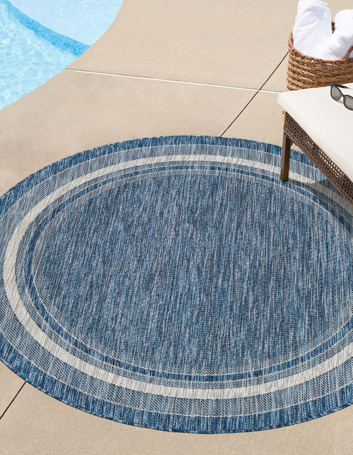 Blue 4' 1 x 4' 1 Outdoor Border Round Area Rug Weather Resistant for Patio, Deck, Terrace, Balcony, Porch 100% Polypropylene Classic Bordered Carpet for Sale at Rug Engine