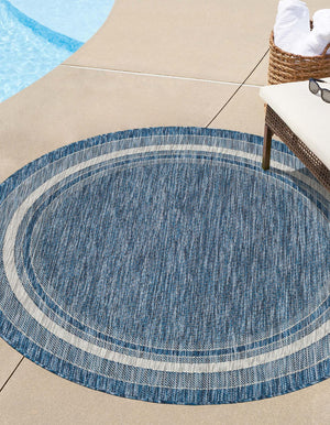 Blue 13' 1 x 13' 1 Outdoor Border Round Area Rug Weather Resistant for Patio, Deck, Terrace, Balcony, Porch 100% Polypropylene Classic Bordered Carpet for Sale at Rug Engine