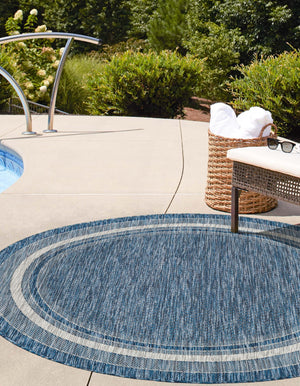 Blue 5' 3 x 5' 3 Outdoor Border Round Area Rug Weather Resistant for Patio, Deck, Terrace, Balcony, Porch 100% Polypropylene Classic Bordered Carpet for Sale at Rug Engine