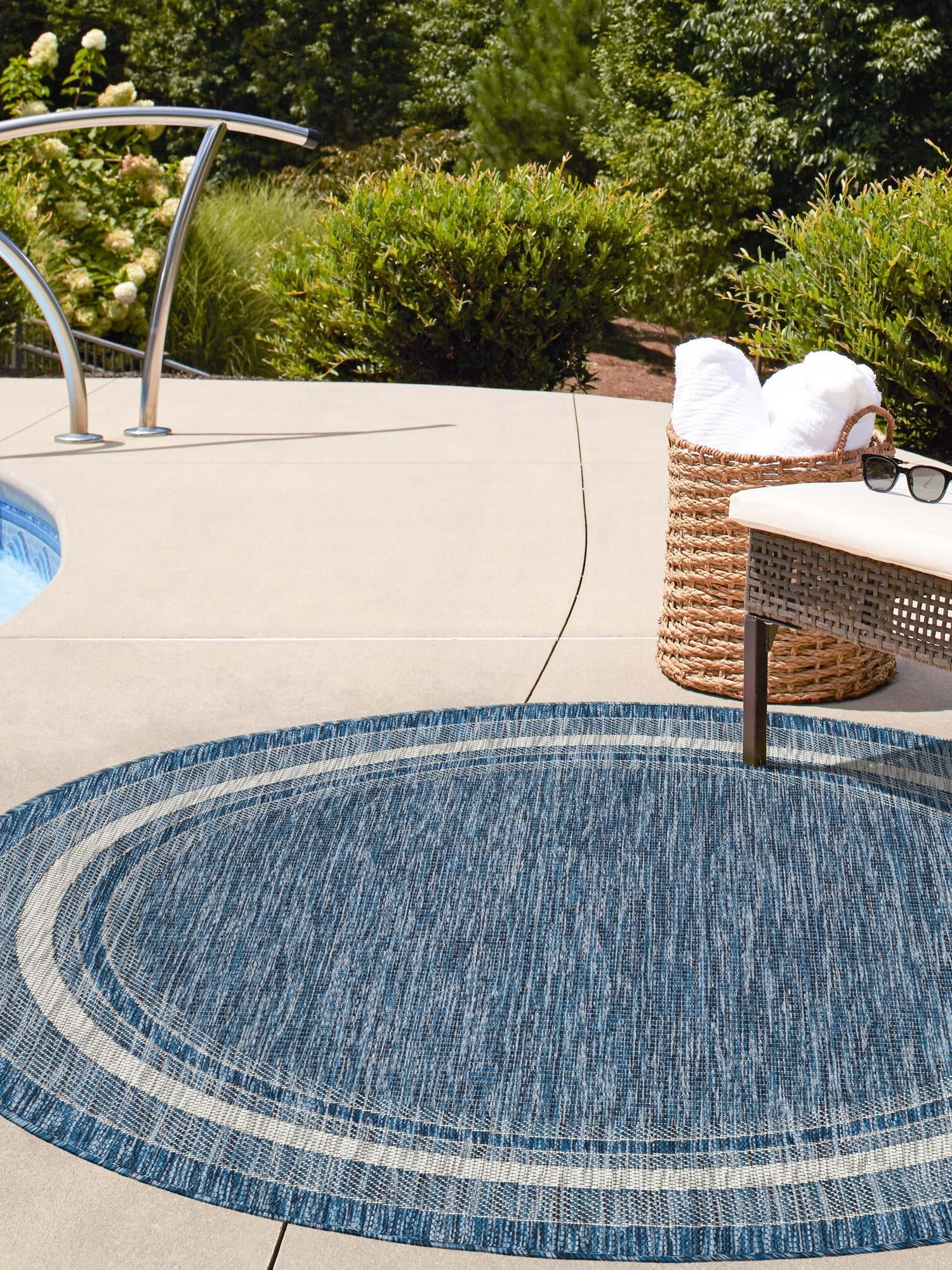 Blue 13' 1 x 13' 1 Outdoor Border Round Area Rug Weather Resistant for Patio, Deck, Terrace, Balcony, Porch 100% Polypropylene Classic Bordered Carpet for Sale at Rug Engine