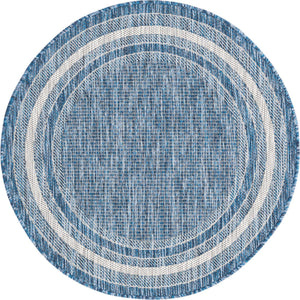Blue 3' 1 x 3' 1 Outdoor Border Round Area Rug Weather Resistant for Patio, Deck, Terrace, Balcony, Porch 100% Polypropylene Classic Bordered Carpet for Sale at Rug Engine