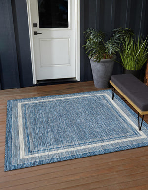 Blue 13' 1 x 13' 1 Outdoor Border Square Area Rug Weather Resistant for Patio, Deck, Terrace, Balcony, Porch 100% Polypropylene Classic Bordered Carpet for Sale at Rug Engine