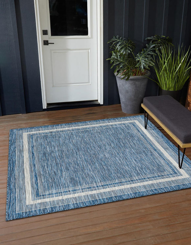 Blue 5' 3 x 5' 3 Outdoor Border Square Area Rug Weather Resistant for Patio, Deck, Terrace, Balcony, Porch 100% Polypropylene Classic Bordered Carpet for Sale at Rug Engine