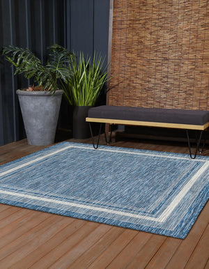 Blue 5' 3 x 5' 3 Outdoor Border Square Area Rug Weather Resistant for Patio, Deck, Terrace, Balcony, Porch 100% Polypropylene Classic Bordered Carpet for Sale at Rug Engine