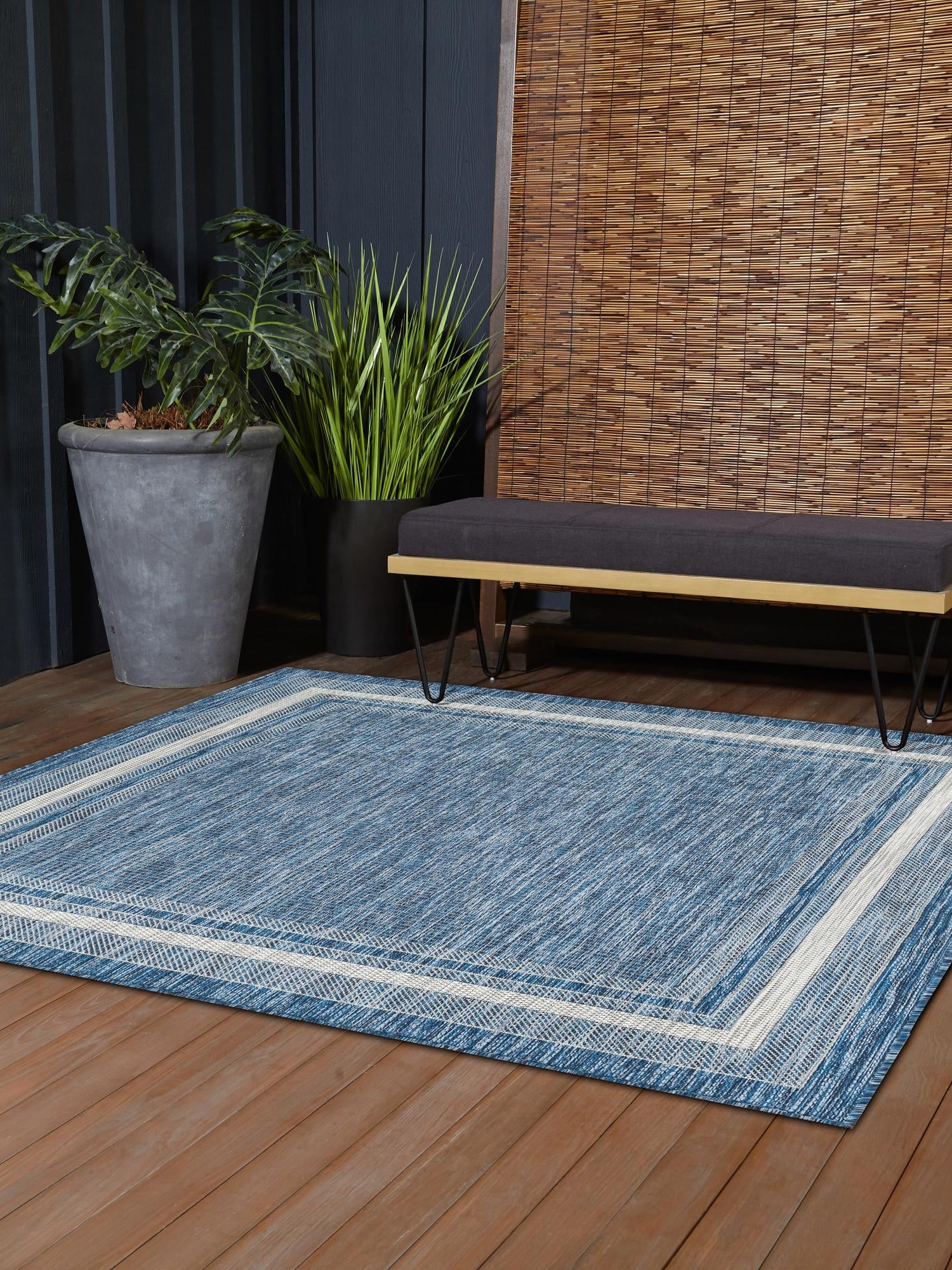 Blue 10' x 10' Outdoor Border Square Area Rug Weather Resistant for Patio, Deck, Terrace, Balcony, Porch 100% Polypropylene Classic Bordered Carpet for Sale at Rug Engine