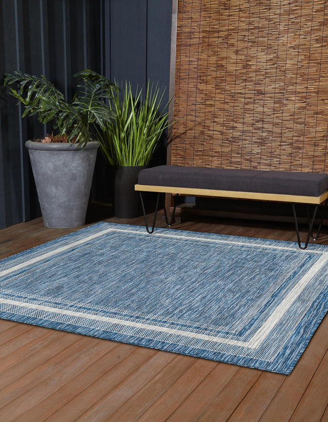 Blue 10' x 10' Outdoor Border Square Area Rug Weather Resistant for Patio, Deck, Terrace, Balcony, Porch 100% Polypropylene Classic Bordered Carpet for Sale at Rug Engine