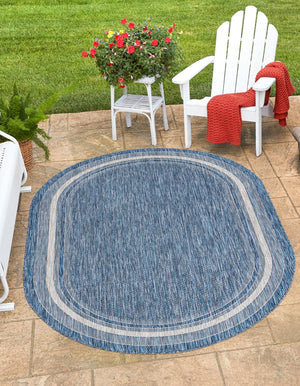 Blue 5' 3 x 8' Outdoor Border Oval Area Rug Weather Resistant for Patio, Deck, Terrace, Balcony, Porch 100% Polypropylene Classic Bordered Carpet for Sale at Rug Engine