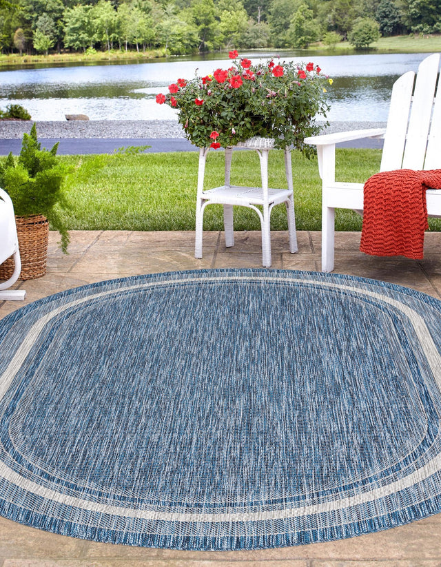 Blue 5' 3 x 8' Outdoor Border Oval Area Rug Weather Resistant for Patio, Deck, Terrace, Balcony, Porch 100% Polypropylene Classic Bordered Carpet for Sale at Rug Engine