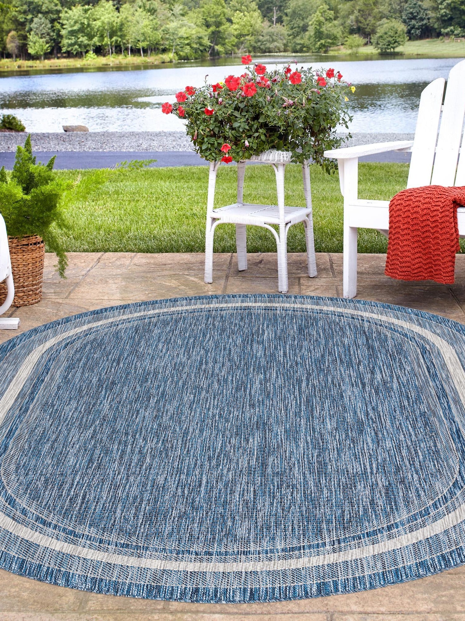 Blue 3' 1 x 5' 3 Outdoor Border Oval Area Rug Weather Resistant for Patio, Deck, Terrace, Balcony, Porch