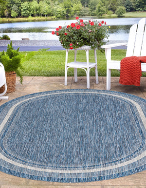 Blue 7' 10 x 10' Outdoor Border Oval Area Rug Weather Resistant for Patio, Deck, Terrace, Balcony, Porch 100% Polypropylene Classic Bordered Carpet for Sale at Rug Engine