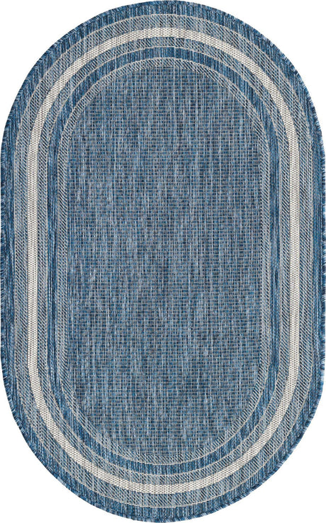 Blue 3' 1 x 5' 3 Outdoor Border Oval Rug