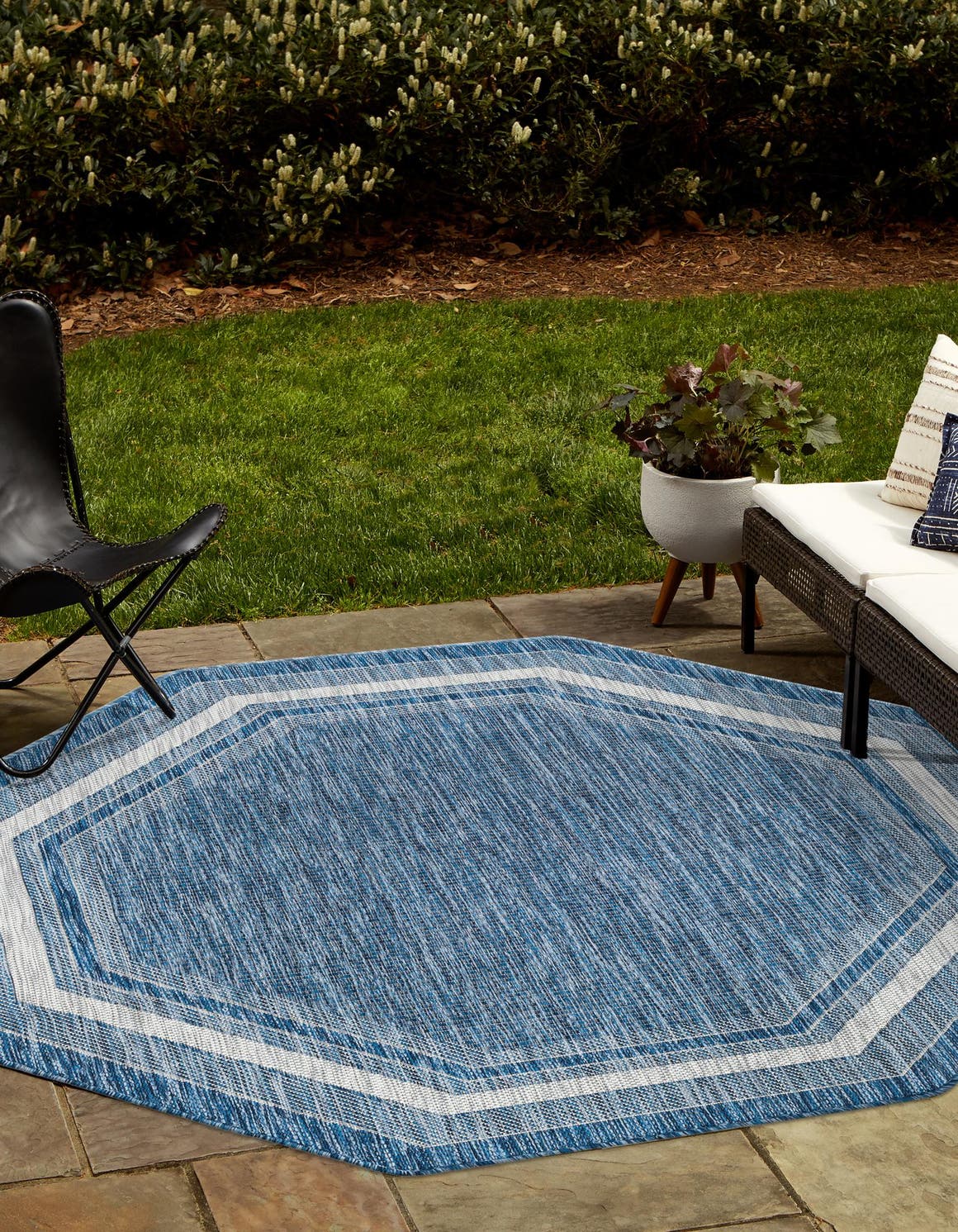 Blue 7' 10 x 7' 10 Outdoor Border Octagon Area Rug Weather Resistant for Patio, Deck, Terrace, Balcony, Porch 100% Polypropylene Classic Bordered Carpet for Sale at Rug Engine