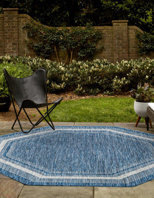 Blue 7' 10 x 7' 10 Outdoor Border Octagon Area Rug Weather Resistant for Patio, Deck, Terrace, Balcony, Porch 100% Polypropylene Classic Bordered Carpet for Sale at Rug Engine