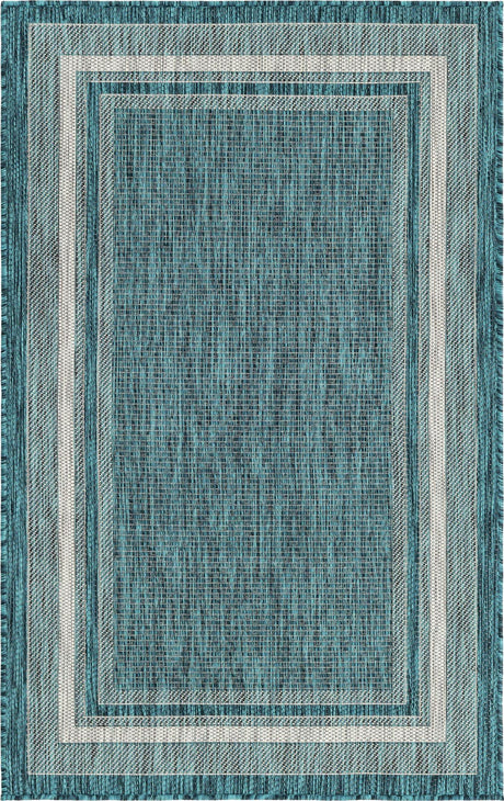 Teal 3' 1 x 5' 3 Outdoor Border Rectangle Rug
