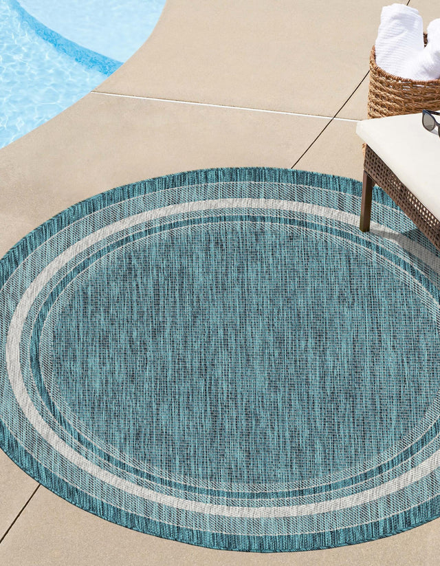 Teal 10' x 10' Outdoor Border Round Area Rug Weather Resistant for Patio, Deck, Terrace, Balcony, Porch 100% Polypropylene Classic Bordered Carpet for Sale at Rug Engine