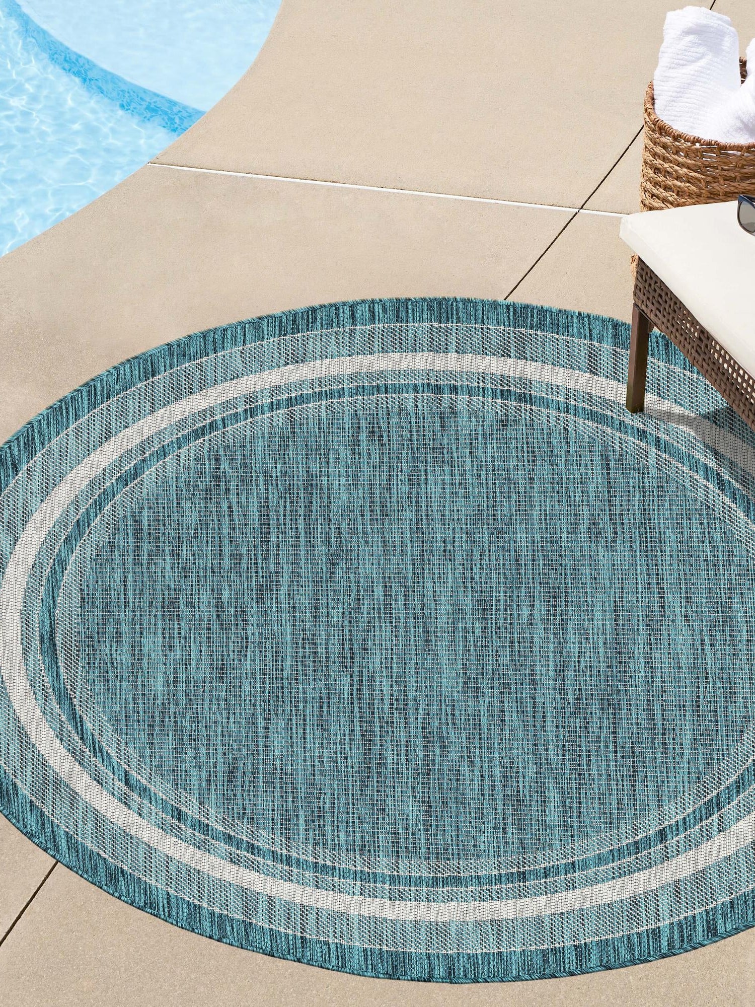 Teal 4' 1 x 4' 1 Outdoor Border Round Area Rug Weather Resistant for Patio, Deck, Terrace, Balcony, Porch 100% Polypropylene Classic Bordered Carpet for Sale at Rug Engine