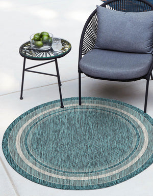 Teal 7' 10 x 7' 10 Outdoor Border Round Area Rug Weather Resistant for Patio, Deck, Terrace, Balcony, Porch 100% Polypropylene Classic Bordered Carpet for Sale at Rug Engine