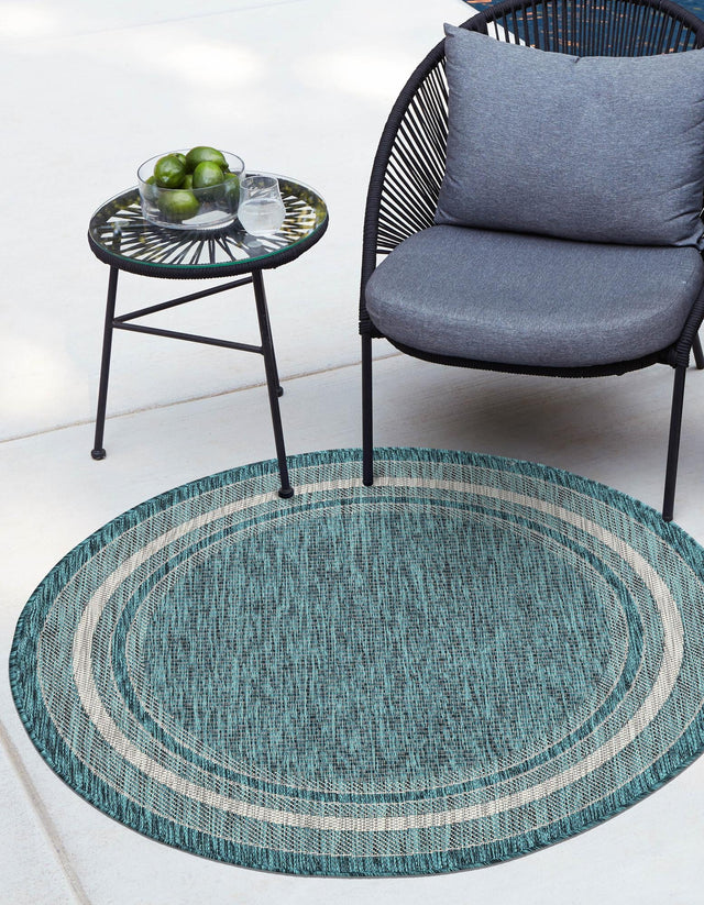 Teal 3' 1 x 3' 1 Outdoor Border Round Area Rug Weather Resistant for Patio, Deck, Terrace, Balcony, Porch 100% Polypropylene Classic Bordered Carpet for Sale at Rug Engine