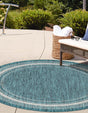 Teal 4' 1 x 4' 1 Outdoor Border Round Area Rug Weather Resistant for Patio, Deck, Terrace, Balcony, Porch 100% Polypropylene Classic Bordered Carpet for Sale at Rug Engine