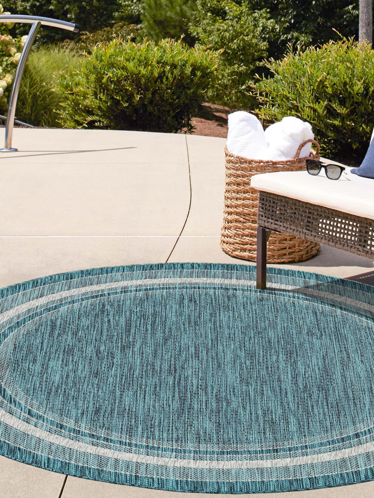 Teal 13' 1 x 13' 1 Outdoor Border Round Area Rug Weather Resistant for Patio, Deck, Terrace, Balcony, Porch 100% Polypropylene Classic Bordered Carpet for Sale at Rug Engine
