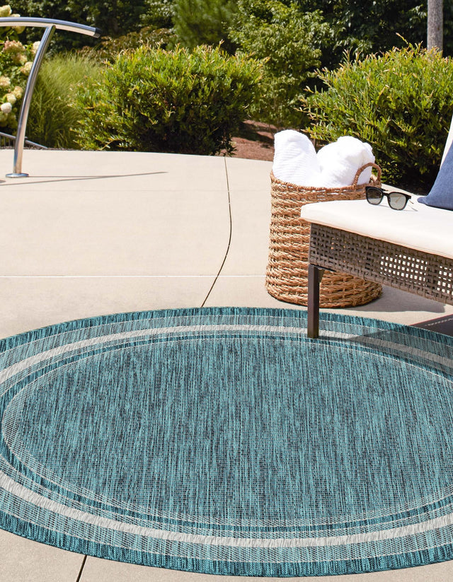 Teal 5' 3 x 5' 3 Outdoor Border Round Area Rug Weather Resistant for Patio, Deck, Terrace, Balcony, Porch 100% Polypropylene Classic Bordered Carpet for Sale at Rug Engine