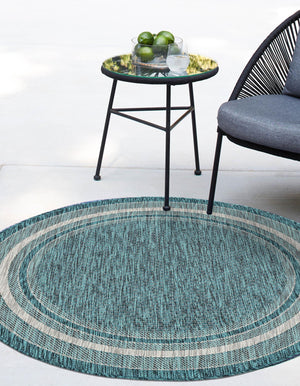 Teal 5' 3 x 5' 3 Outdoor Border Round Area Rug Weather Resistant for Patio, Deck, Terrace, Balcony, Porch 100% Polypropylene Classic Bordered Carpet for Sale at Rug Engine