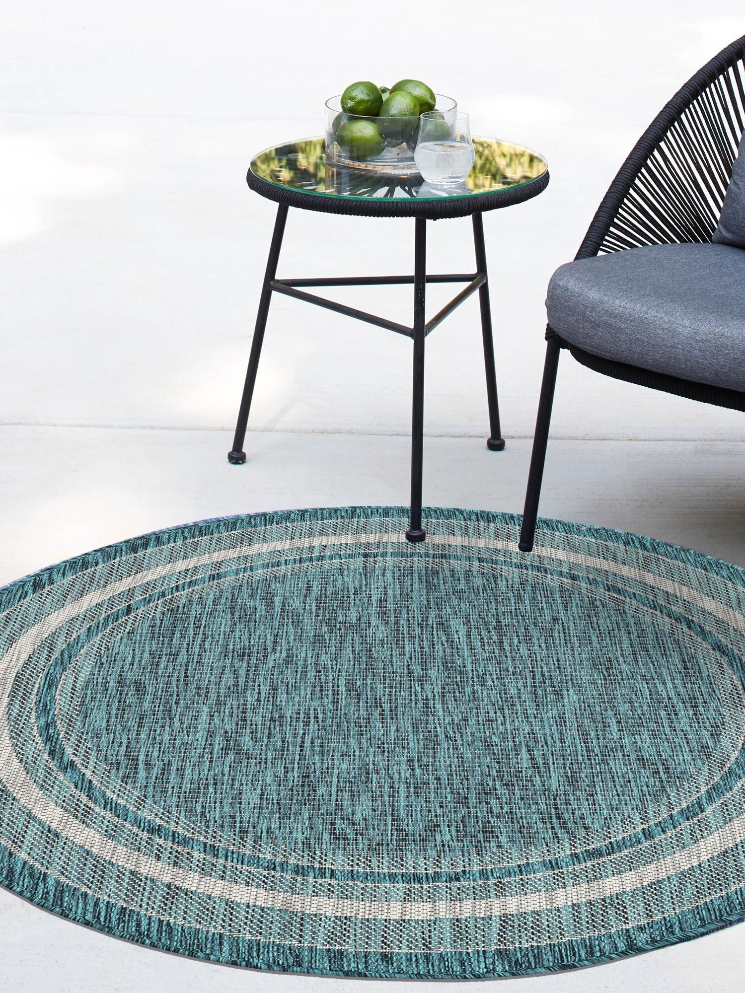 Teal 13' 1 x 13' 1 Outdoor Border Round Area Rug Weather Resistant for Patio, Deck, Terrace, Balcony, Porch 100% Polypropylene Classic Bordered Carpet for Sale at Rug Engine