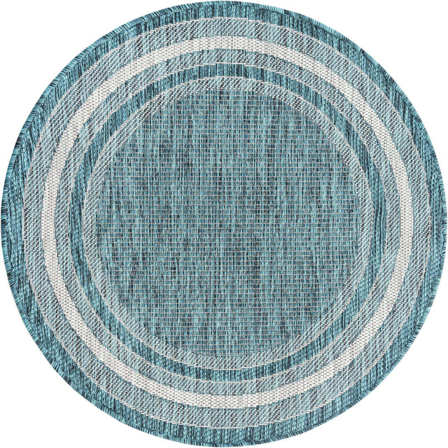 Teal 3' 1 x 3' 1 Outdoor Border Round Area Rug Weather Resistant for Patio, Deck, Terrace, Balcony, Porch 100% Polypropylene Classic Bordered Carpet for Sale at Rug Engine