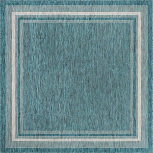 Teal 7' 10 x 7' 10 Outdoor Border Square Area Rug Weather Resistant for Patio, Deck, Terrace, Balcony, Porch 100% Polypropylene Classic Bordered Carpet for Sale at Rug Engine