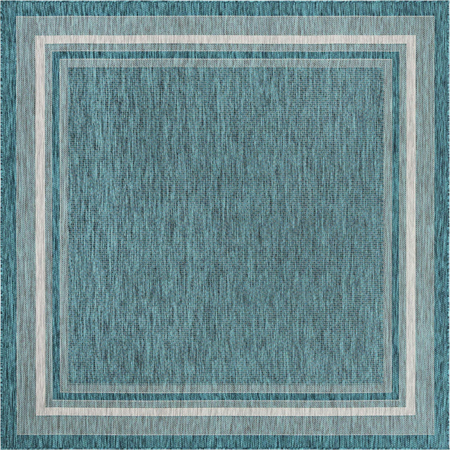 Teal 7' 10 x 7' 10 Outdoor Border Square Area Rug Weather Resistant for Patio, Deck, Terrace, Balcony, Porch 100% Polypropylene Classic Bordered Carpet for Sale at Rug Engine