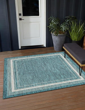 Teal 10' x 10' Outdoor Border Square Area Rug Weather Resistant for Patio, Deck, Terrace, Balcony, Porch 100% Polypropylene Classic Bordered Carpet for Sale at Rug Engine